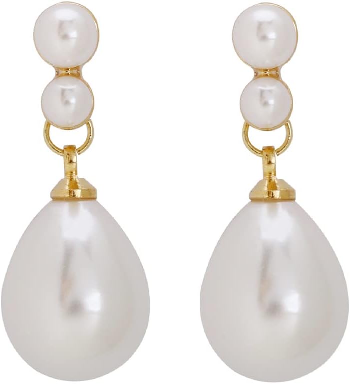Clip-On Drop Earrings for Women Gold Plated Faux Pearl Classic