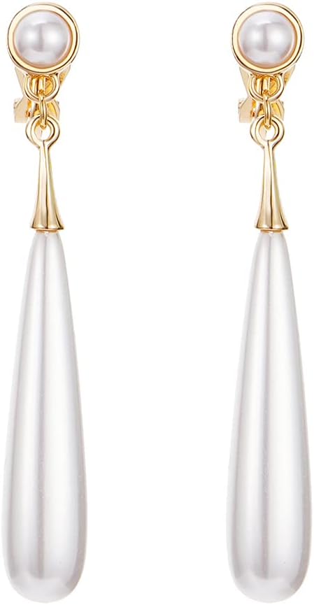Clip-On Drop Earrings for Women Gold Plated Faux Pearl Classic