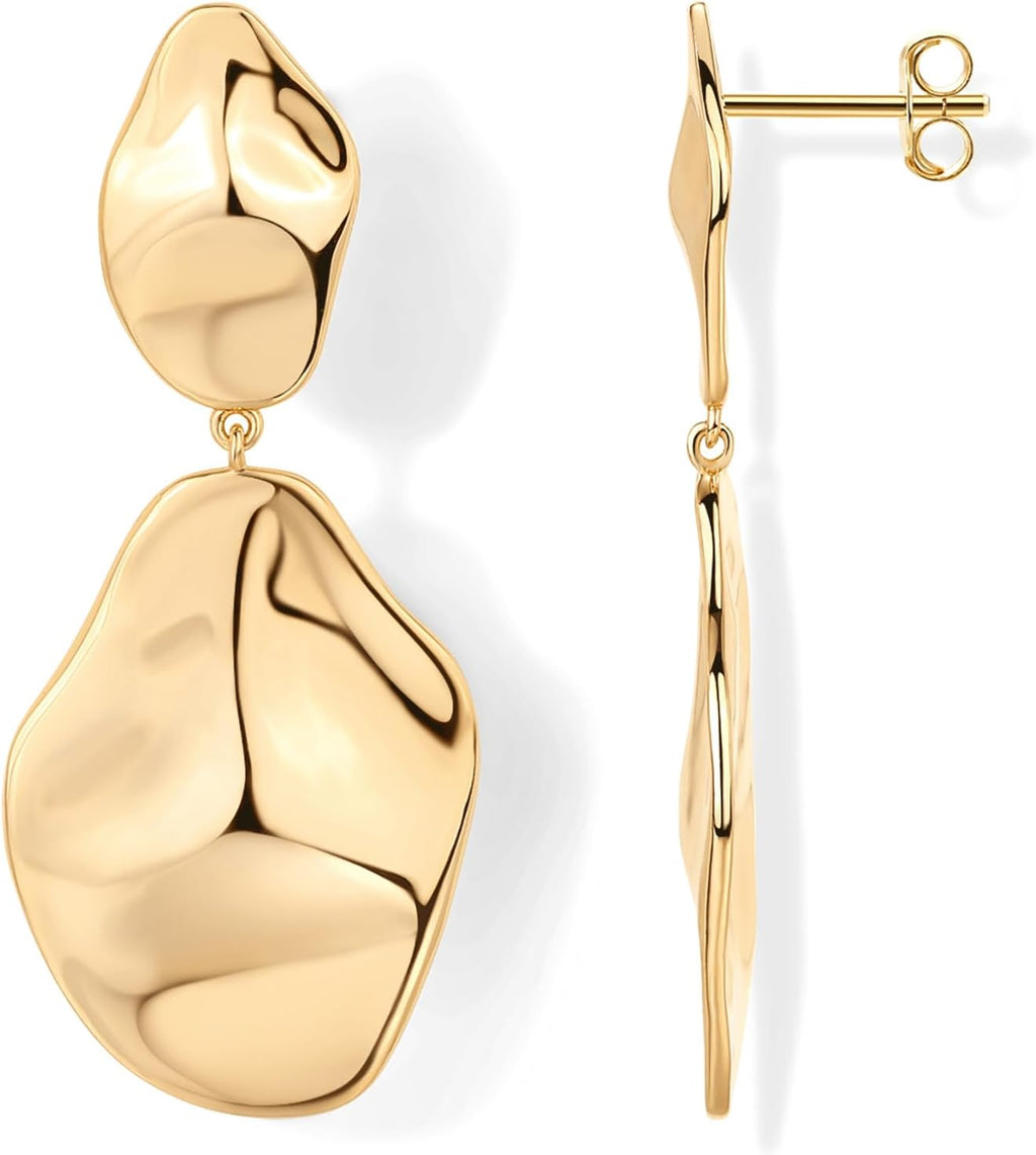 Teardrop Drop Earrings for Women 14K Gold Plated Hammered Lightweight