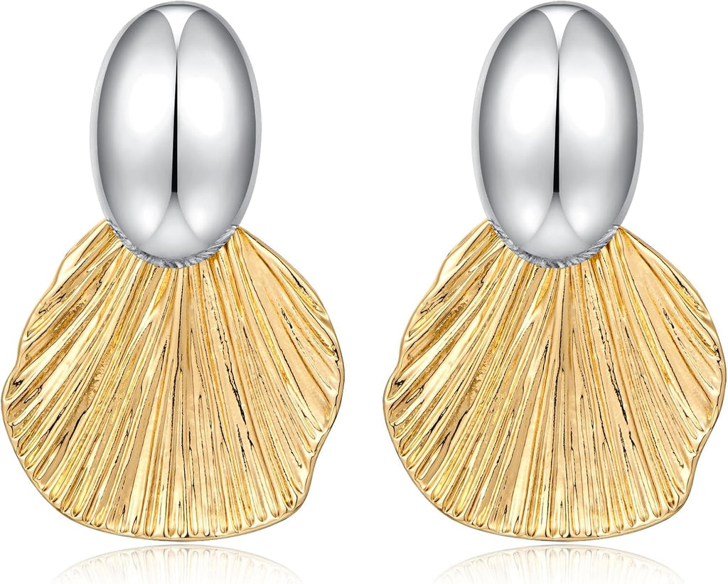 Dangle Earrings for Women Gold Plated Two-Tone Fan Shaped Statement