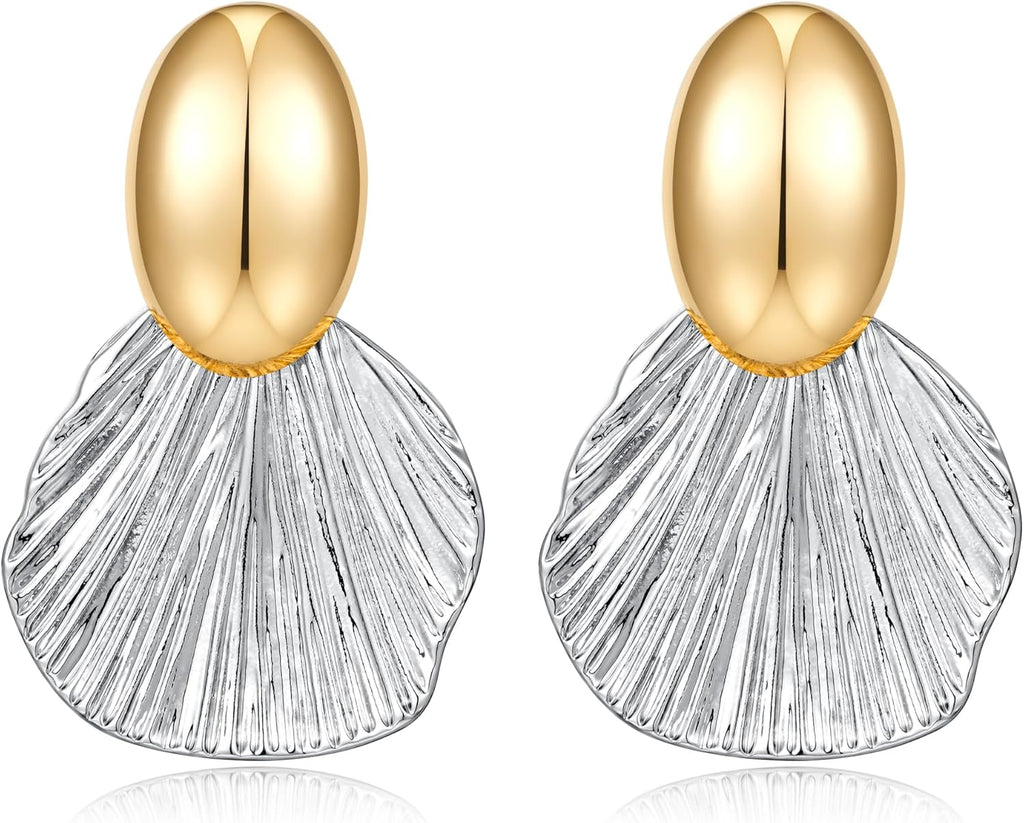 Dangle Earrings for Women Gold Plated Two-Tone Fan Shaped Statement