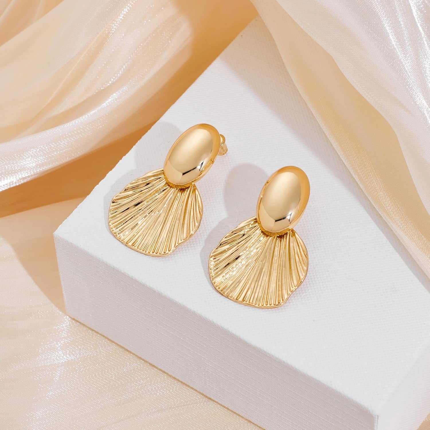 Dangle Earrings for Women Gold Plated Two-Tone Fan Shaped Statement