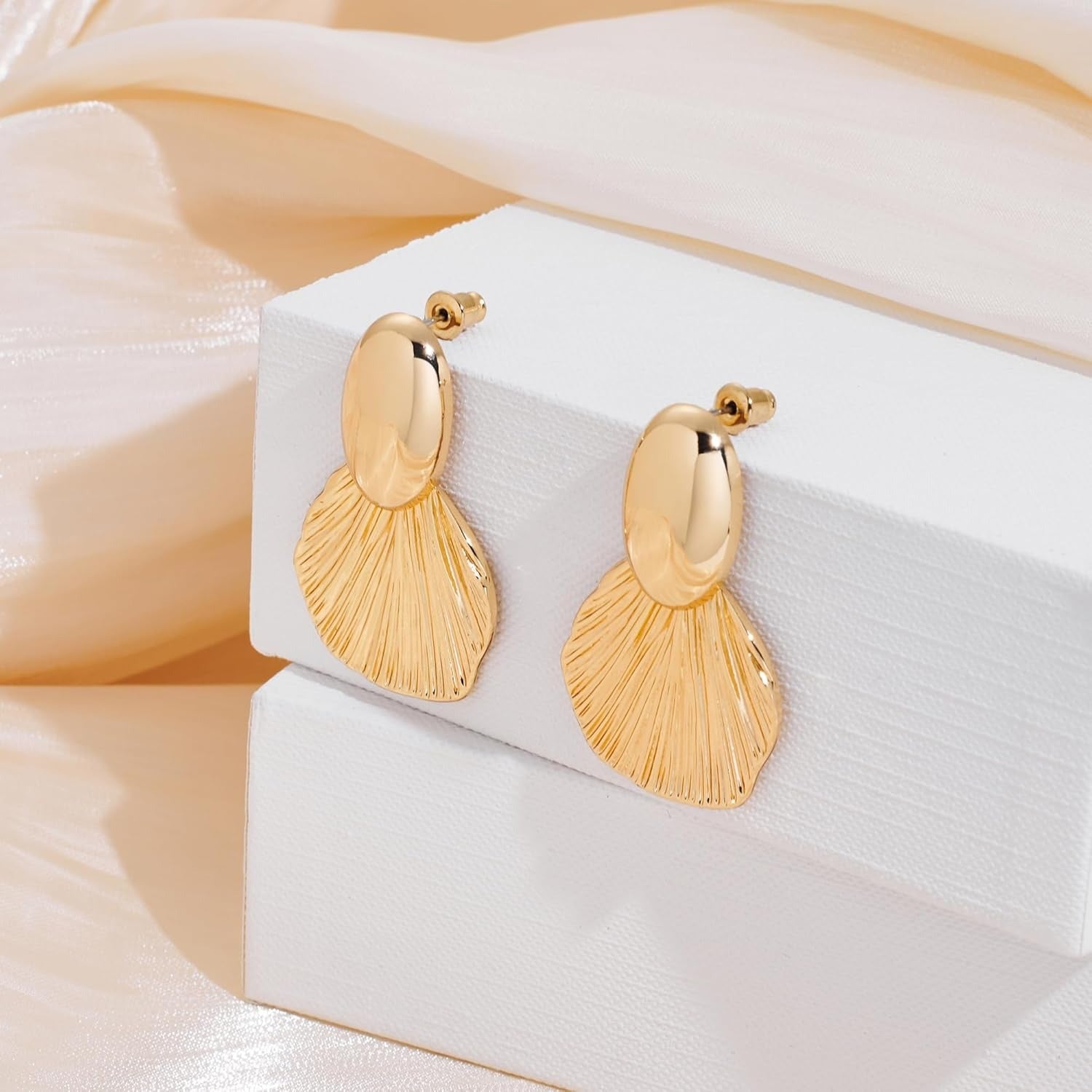 Dangle Earrings for Women Gold Plated Two-Tone Fan Shaped Statement